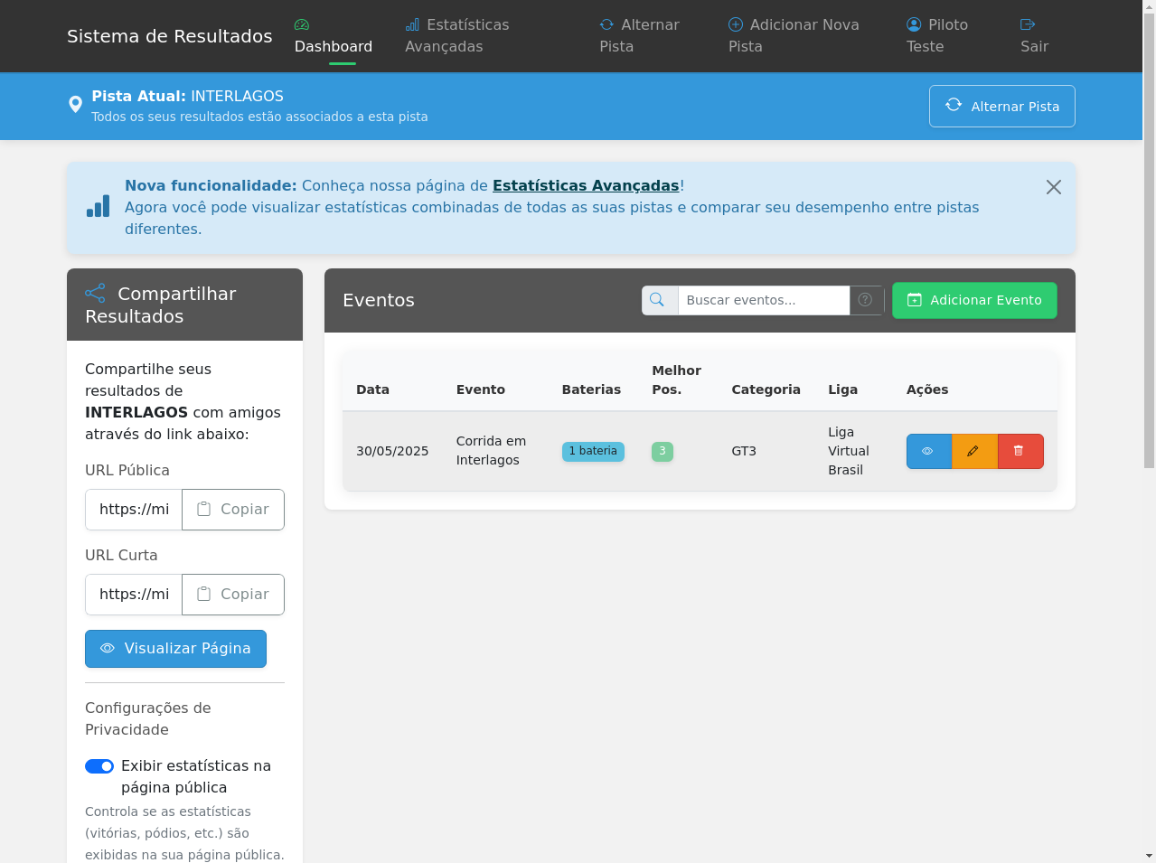 Dashboard do sistema